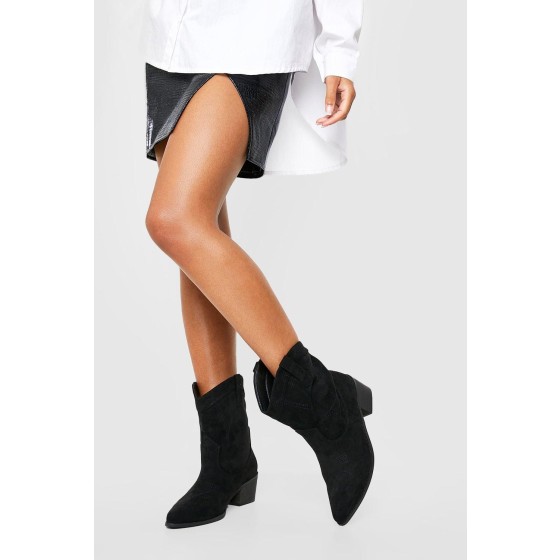 Wide Fit Faux Suede Stitch Detail Ankle Western Cowboy Boots