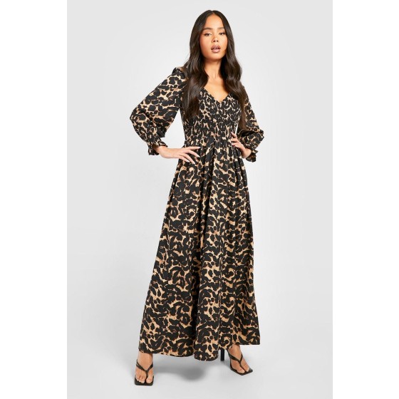 Petite Leopard Shirred Detail Maxi Dress