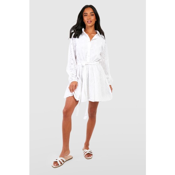 Petite Broderie Belted Skater Shirt Dress
