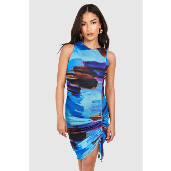 petite Ruched Hem Abstract Bodycon Dress