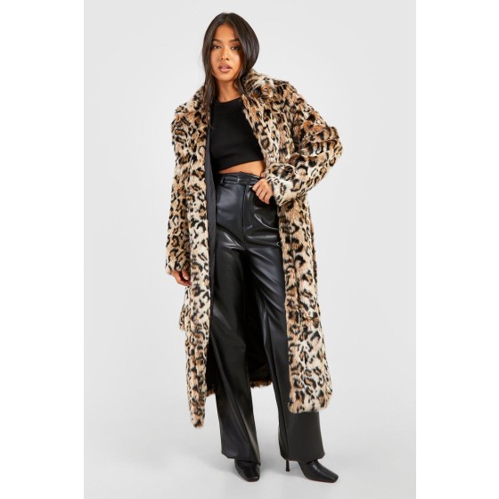 Petite Belted Leopard Faux Fur Maxi Coat