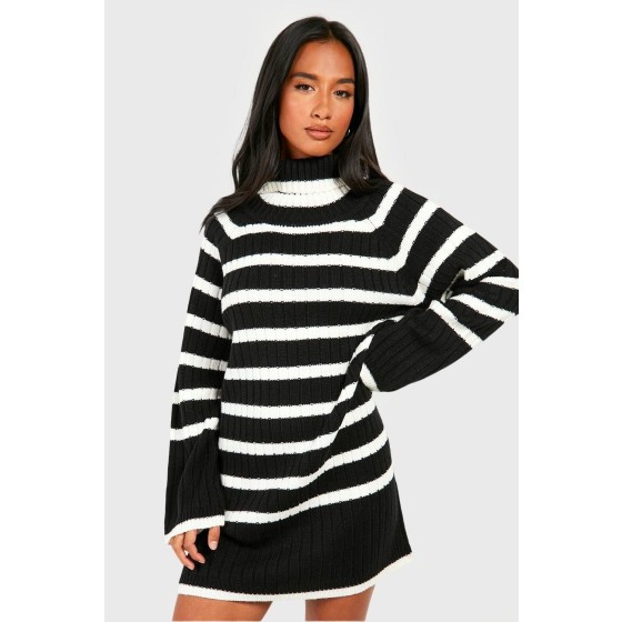 Petite Roll Neck Wide Sleeve Stripe Jumper Dress