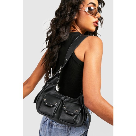 Double Pocket Stud Detail Shoulder Bag