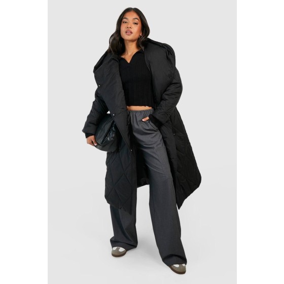 Petite Diamond Quilt Maxi Hooded Oversized Puffer