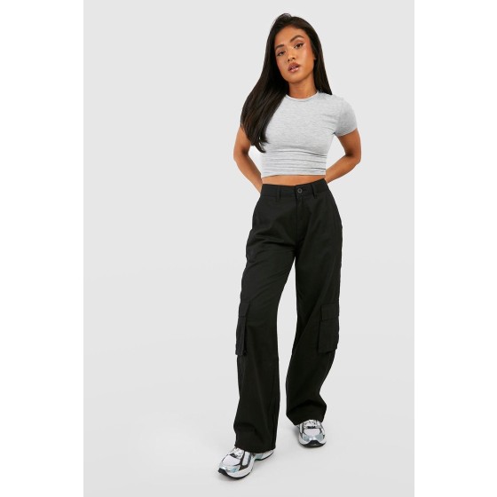 Petite High Waisted Twill Straight Leg Cargo Pants