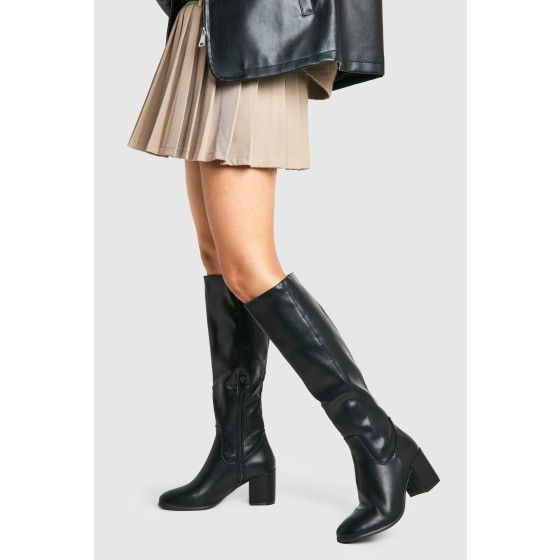 Low Block Basic Pull On Knee High Boots