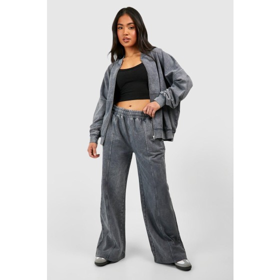 Petite Washed Zip Through Bomber Straight Leg Tracksuit
