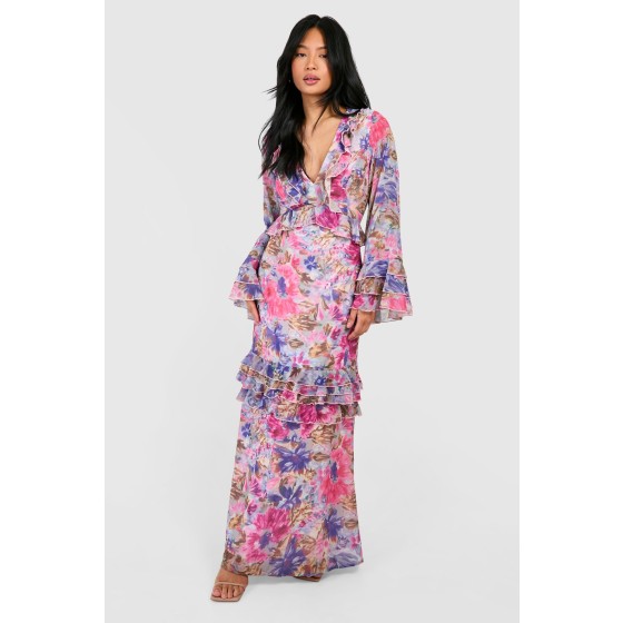 Petite Floral Ruffle Flare Sleeve Woven Maxi Dress