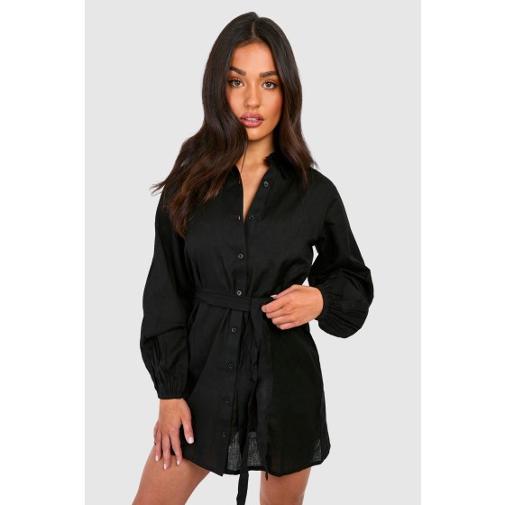 Petite Linen Look Belted Shirt Dress
