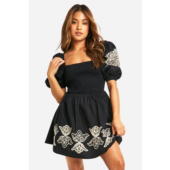 Petite Embroidery Puff Sleeve Mini Dress