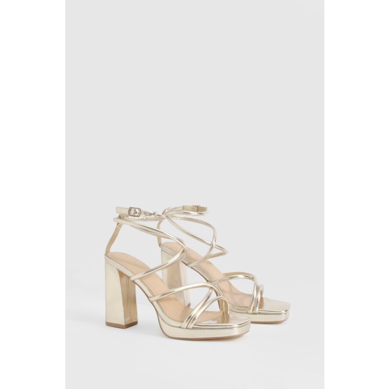 Metallic Cross Strap Platform Heels