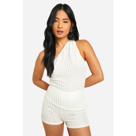 Petite Textured Twist Shoulder Asymmetric Top