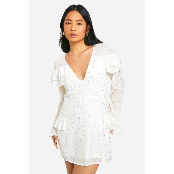 Petite Star Ruffle Detail Plunge Mini Dress