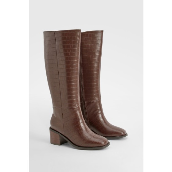 Wide Fit Croc  Block Knee High Boots