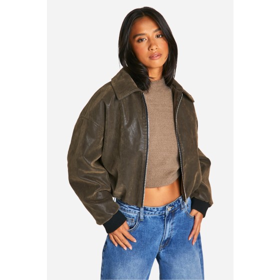 Petite Vintage Look Faux Leather Bomber Jacket
