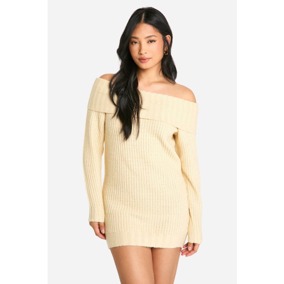 Petite Wide Rib Bardot  Neckline Mini Jumper Dress