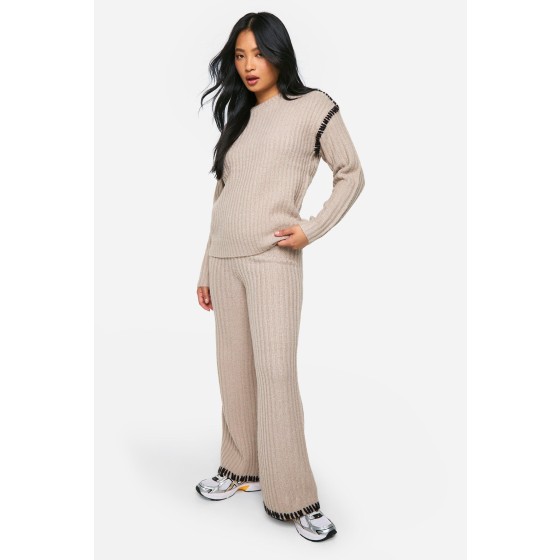 Petite Premium Heavyweight Contrast Trim Jumper And Trouser Knitted Set