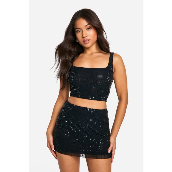 Petite Hotfix Diamante Crop & Mini Skirt Co-ord