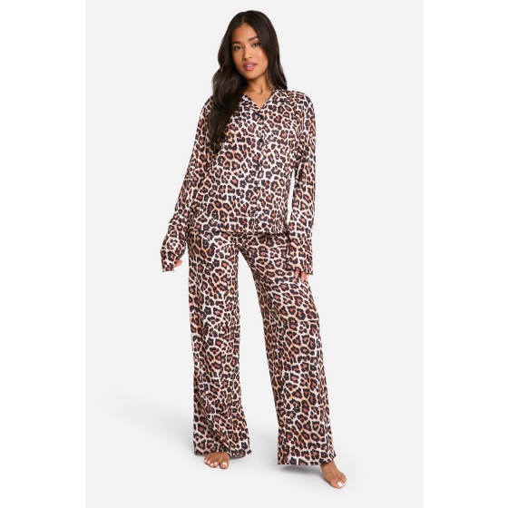 Petite Leopard Print Long Sleeve Shirt & Trousers Pyjama Set