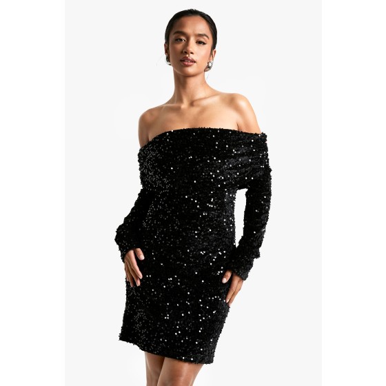 Petite Velvet Sequin Bardot Mini Dress