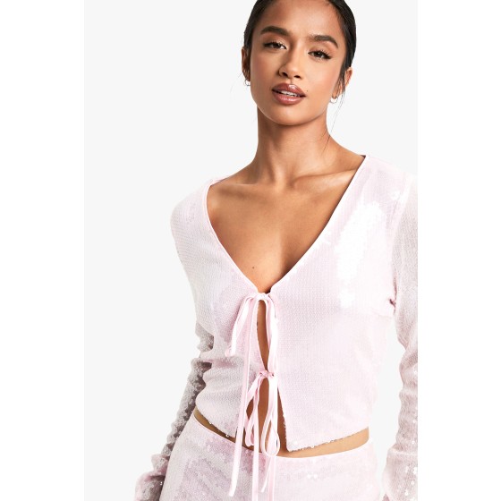 Petite Sequin Tie Front Top