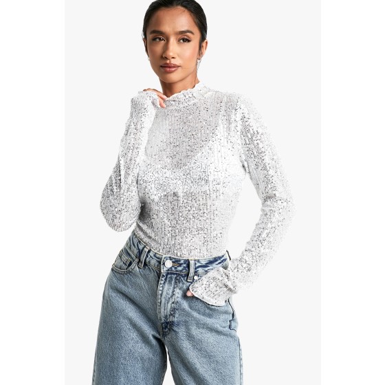 Petite Sequin High Neck Long Sleeved Top