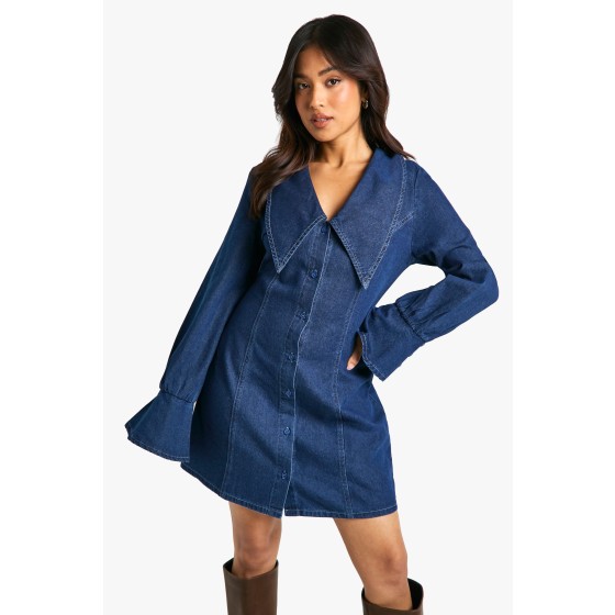 Petite Collar Detail Denim Shift Dress