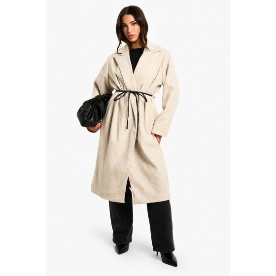 Petite Faux Leather Belt Wool Look Coat