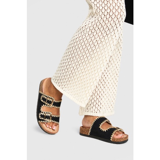 Contrast Stitch Detail Double Buckle Sliders