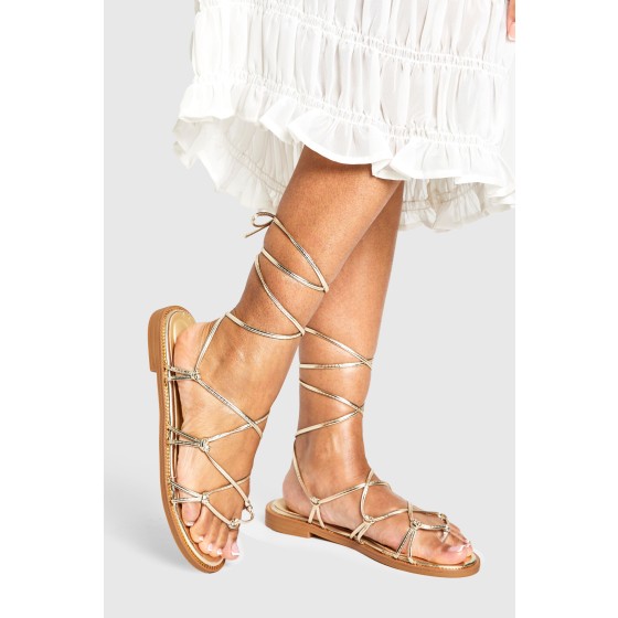 Wide Fit Caged Detail Tie Up Flat Sandals