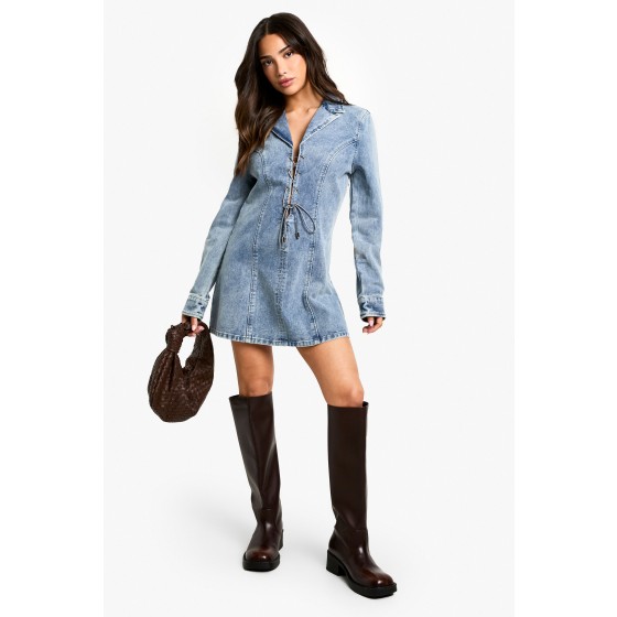 Petite Lace Up Front Denim Dress