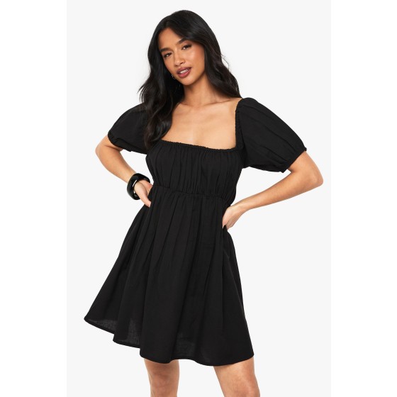 Petite Linen Puff Sleeve Smock Mini Dress