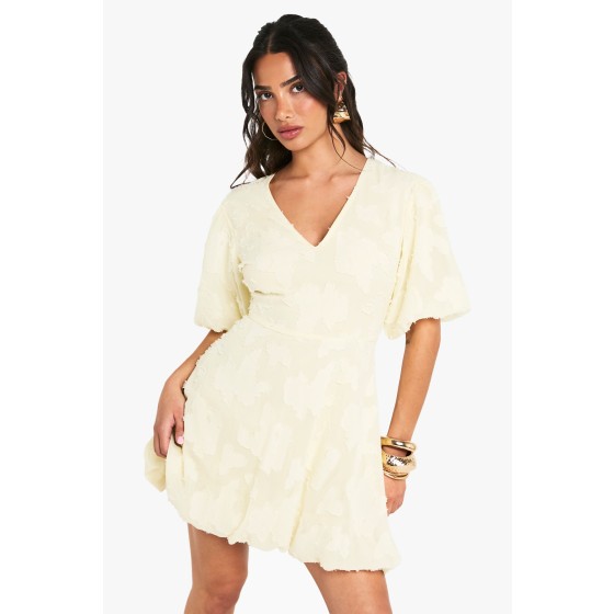 Petite Floral Burnout Plunge Puffball Mini Dress