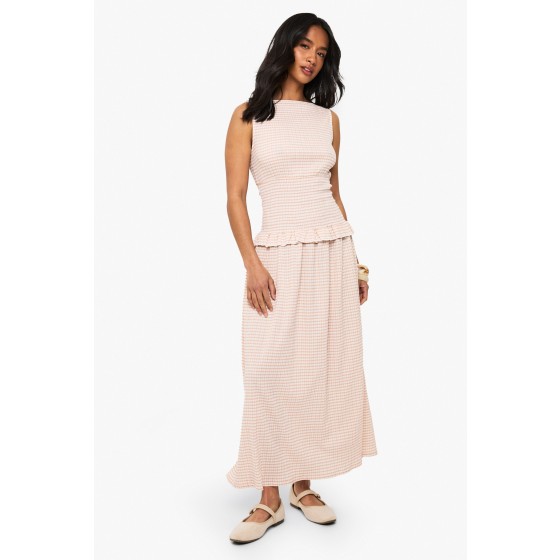 Petite Textured Gingham  Shirred Waist Maxi Dress