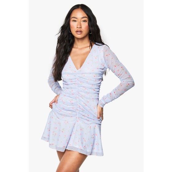 Petite Ruched Plunge Long Sleeve Floral Skater Dress