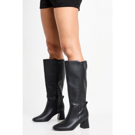 Wide Fit Stretch Knee High Flared Block Heeled Boots