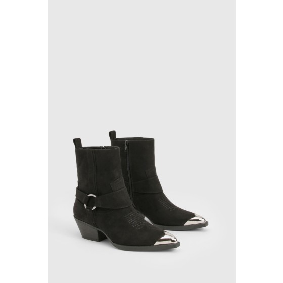 Faux Suede Silver Toe Cap Western Ankle Cowboy Boots