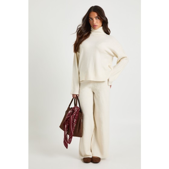 Petite Super Soft Roll Neck Oversized Jumper and Wide Leg Trouser Co-Ord