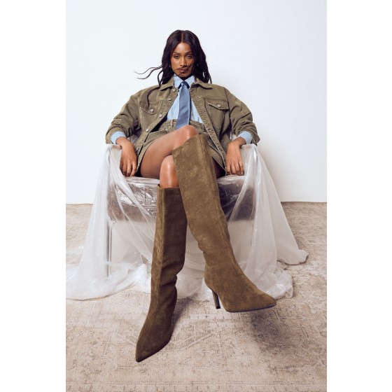 Faux Suede Knee High Column Stiletto Mid Boots