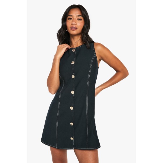 Petite Gold Button Tailored Sleeveless A Line Mini Dress