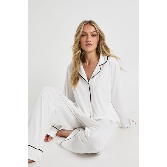 Petite Jersey Piping Detail Long Sleeve Shirt & Trousers Pyjama Set