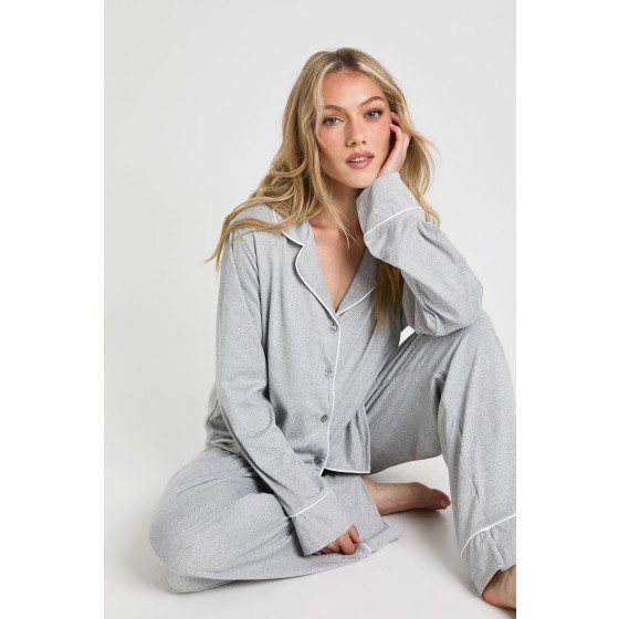Petite Jersey Piping Detail Long Sleeve Shirt & Trousers Pyjama Set
