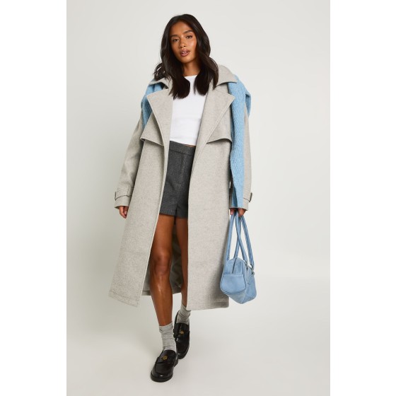 Petite Oversized Belted Wool Look Trench Coat