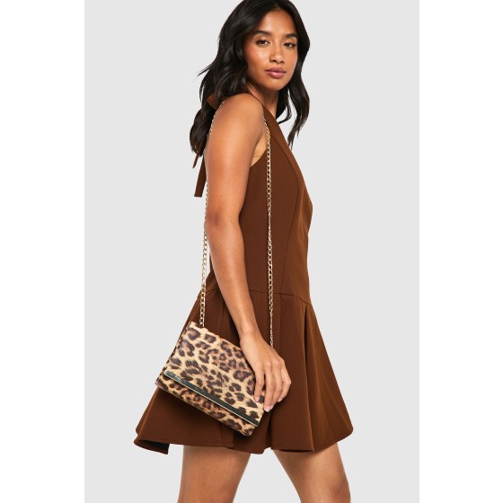 Leopard Structured Hardware Detail Clutch Bag and Chain
