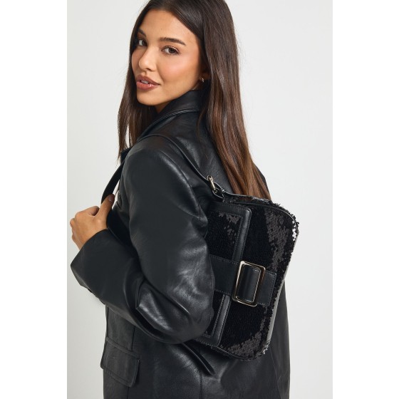 Black Sequin Buckle Shoulder Bag