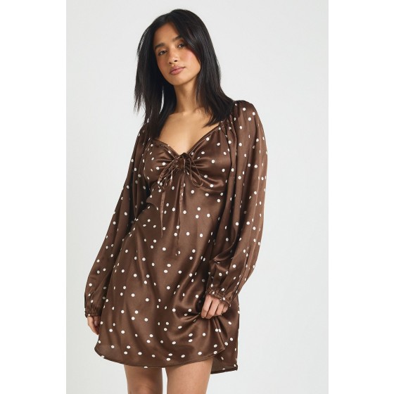 Petite Polka Dot Volume Sleeve Satin Mini Dress