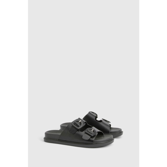 Double Strap Buckle Detail Platform Sliders