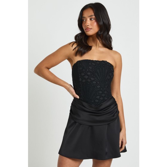 Petite Textured Sheer Floral Lace Corset Drape Mini Dress