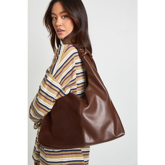 Faux Suede Panel Detail Knot Handle Tote Bag