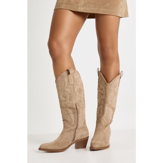 Faux Suede Western Embroidered Knee High Boots
